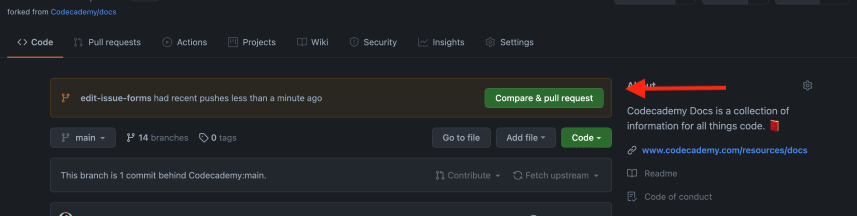 Red arrow on the Codecademy Docs repo pointing at a pop-up link for creating a new pull request