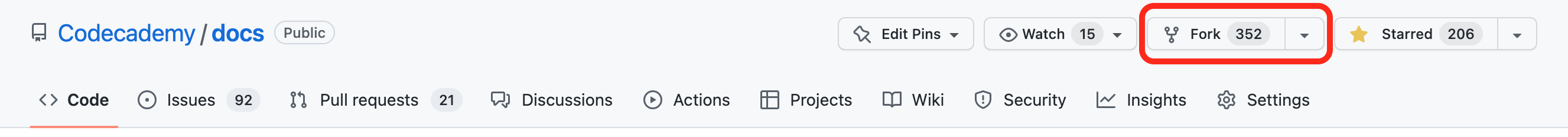 A red stencil outlining the "Fork" link for the Codecademy Docs repo