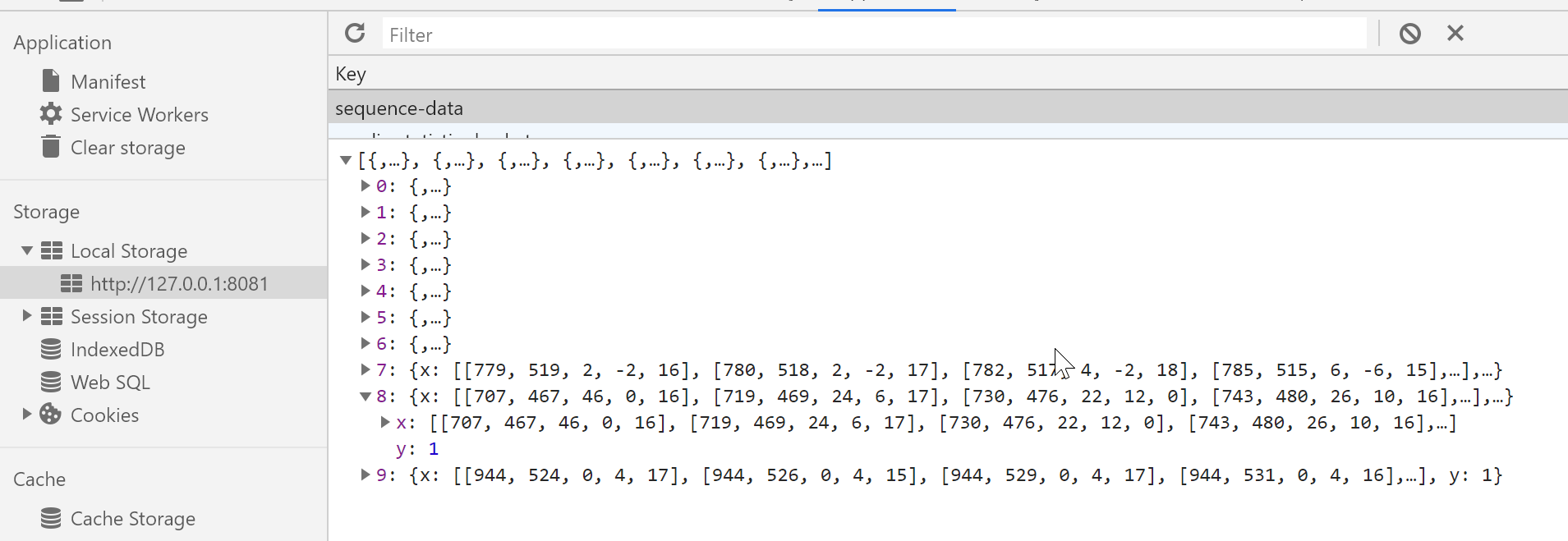 Screenshot from dev tools of mouse sequence data in local storage