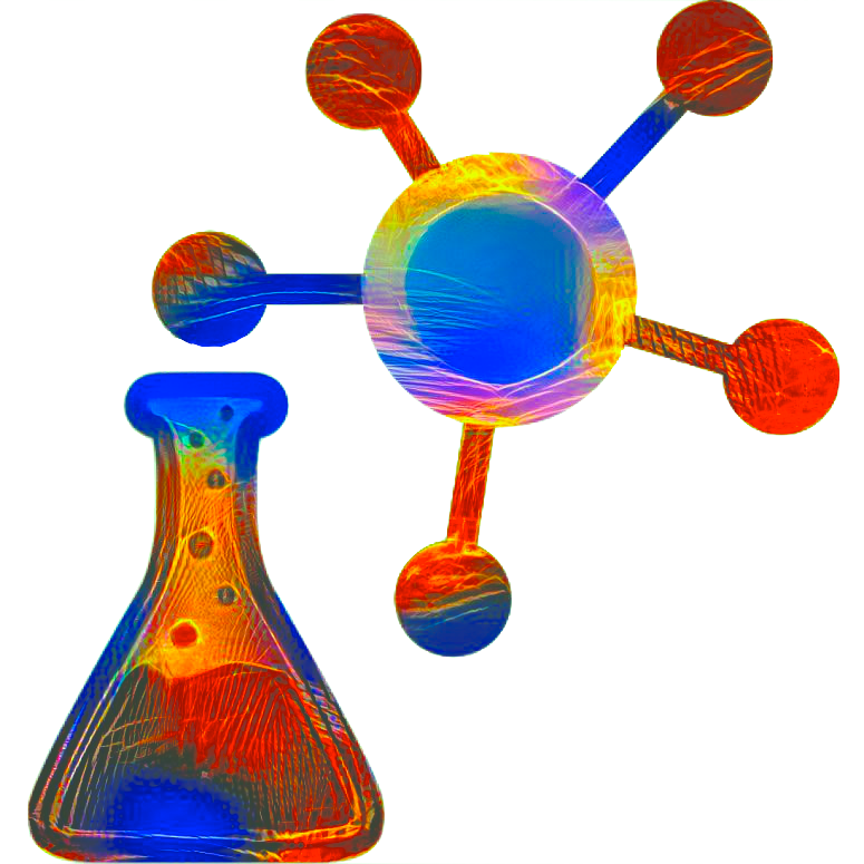 illustration of a knowledge graph, plus laboratory glassware