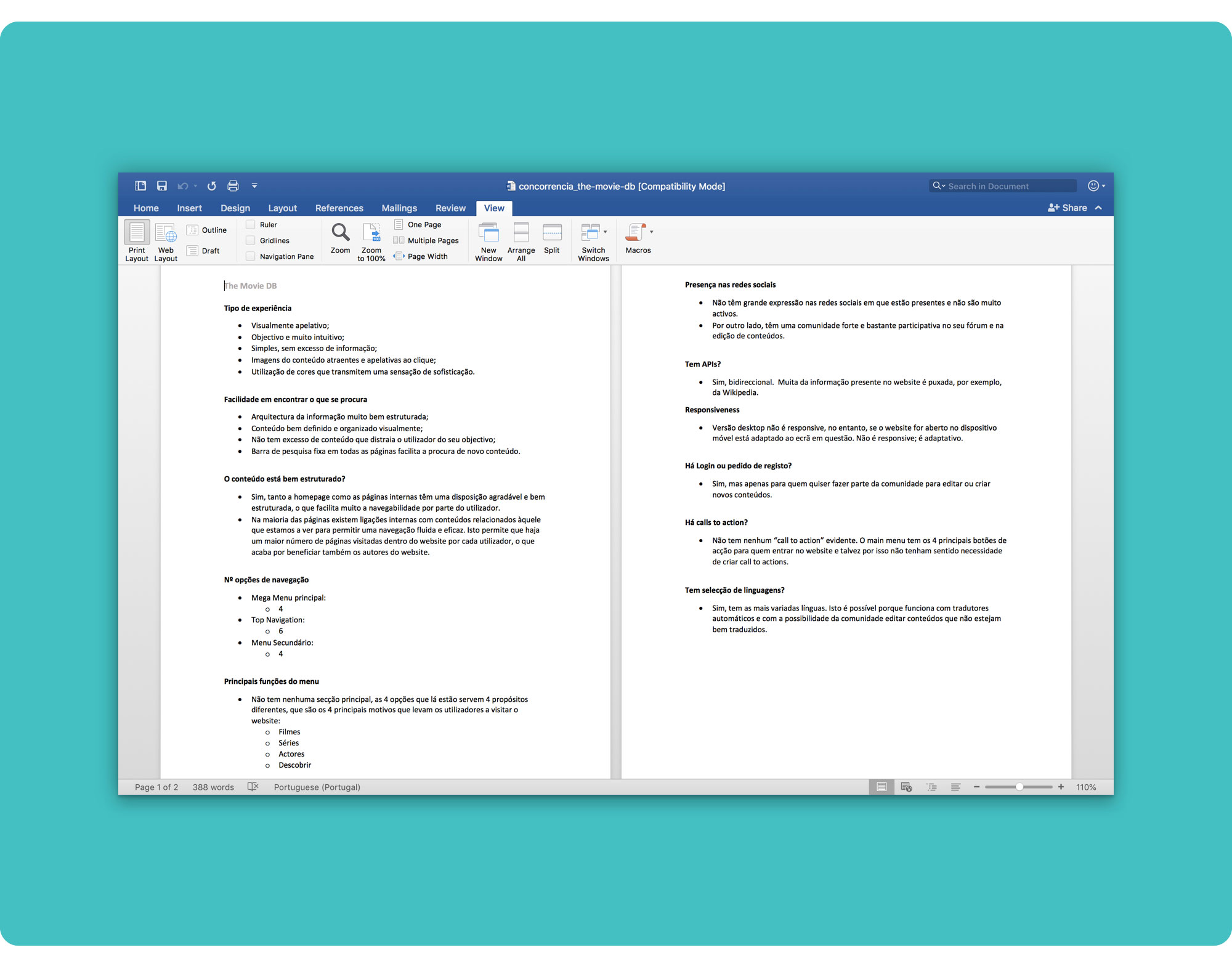 Word document screenshot showing some details of the benchmarking analysis on The Movie DB's website