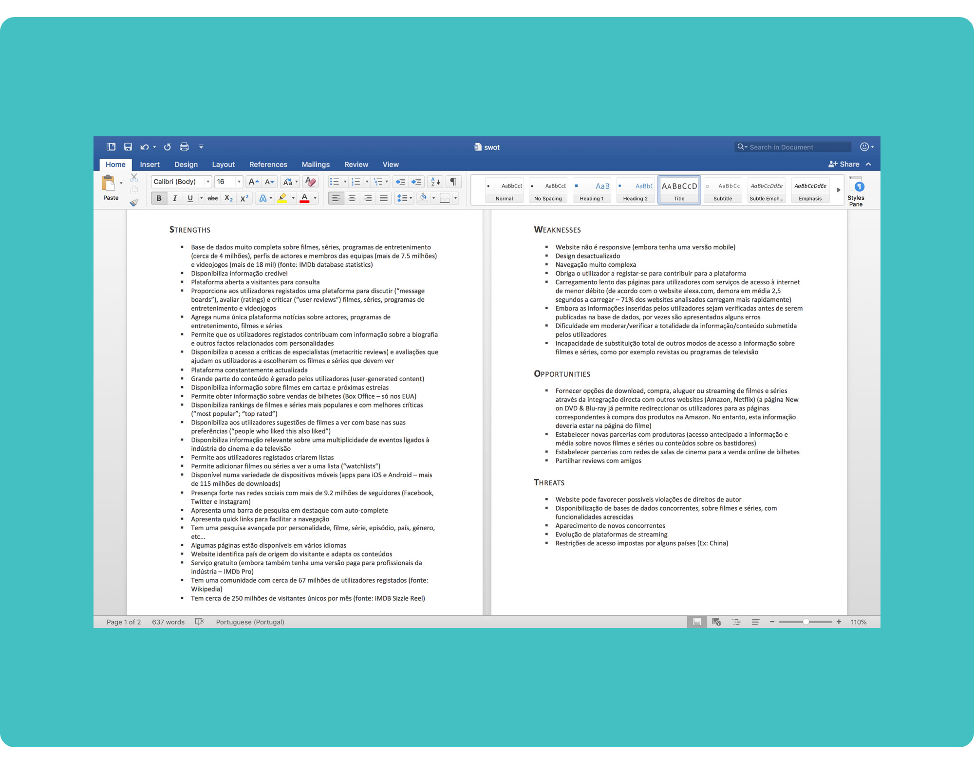 Word document screenshot showing IMDb's SWOT Analysis