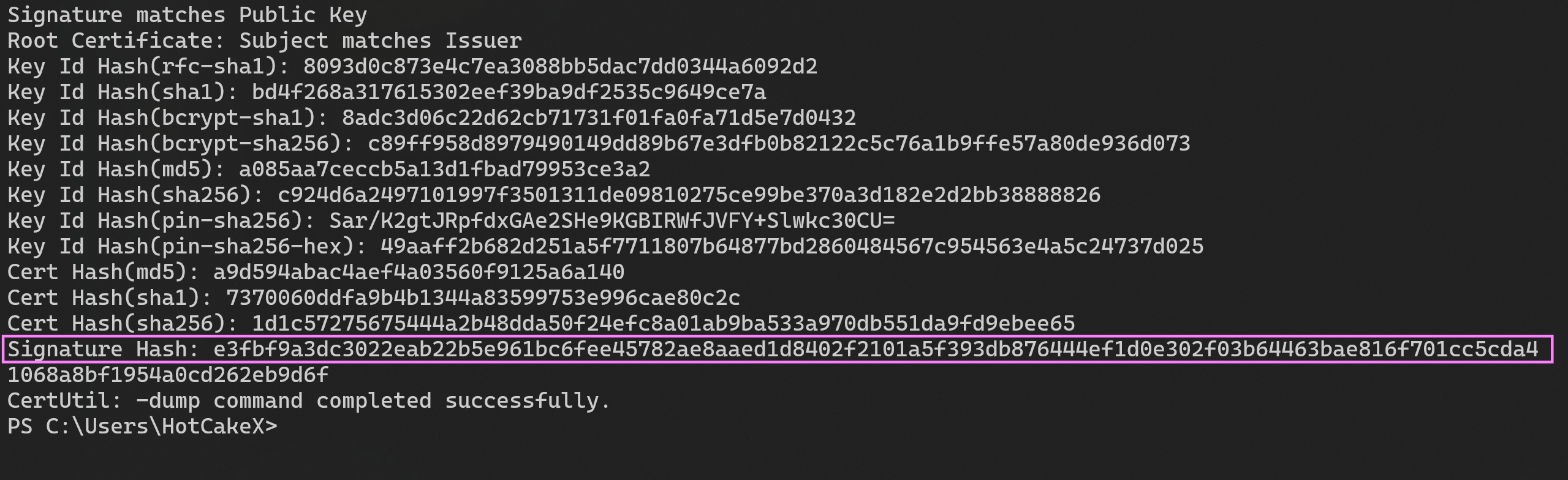 TBS Hash value using certutil.exe -v