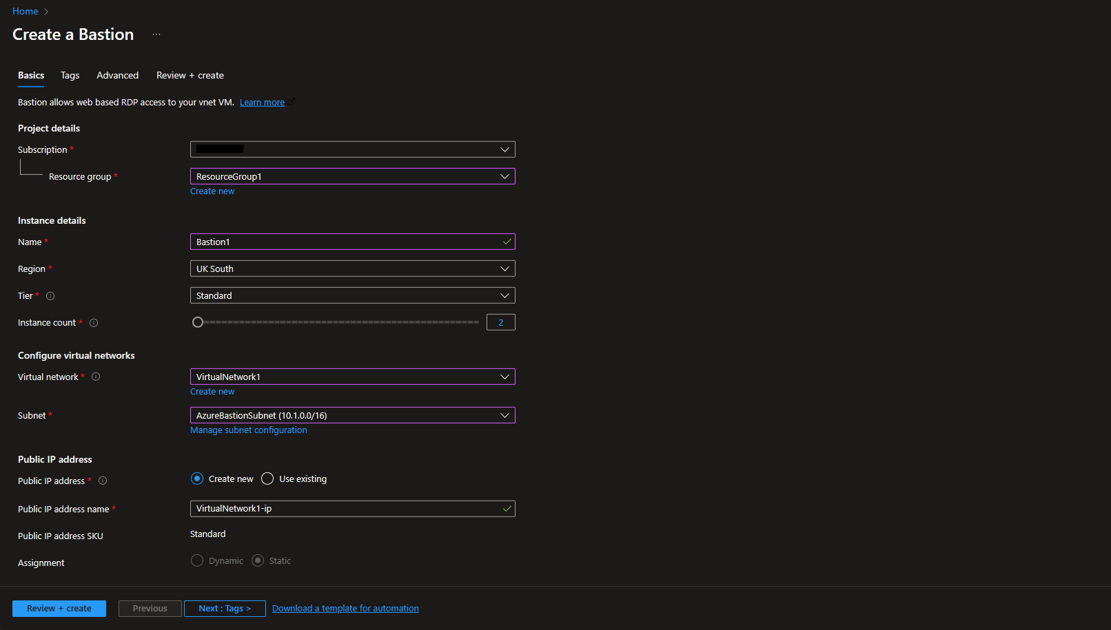 Creating Bastion client in Azure Portal