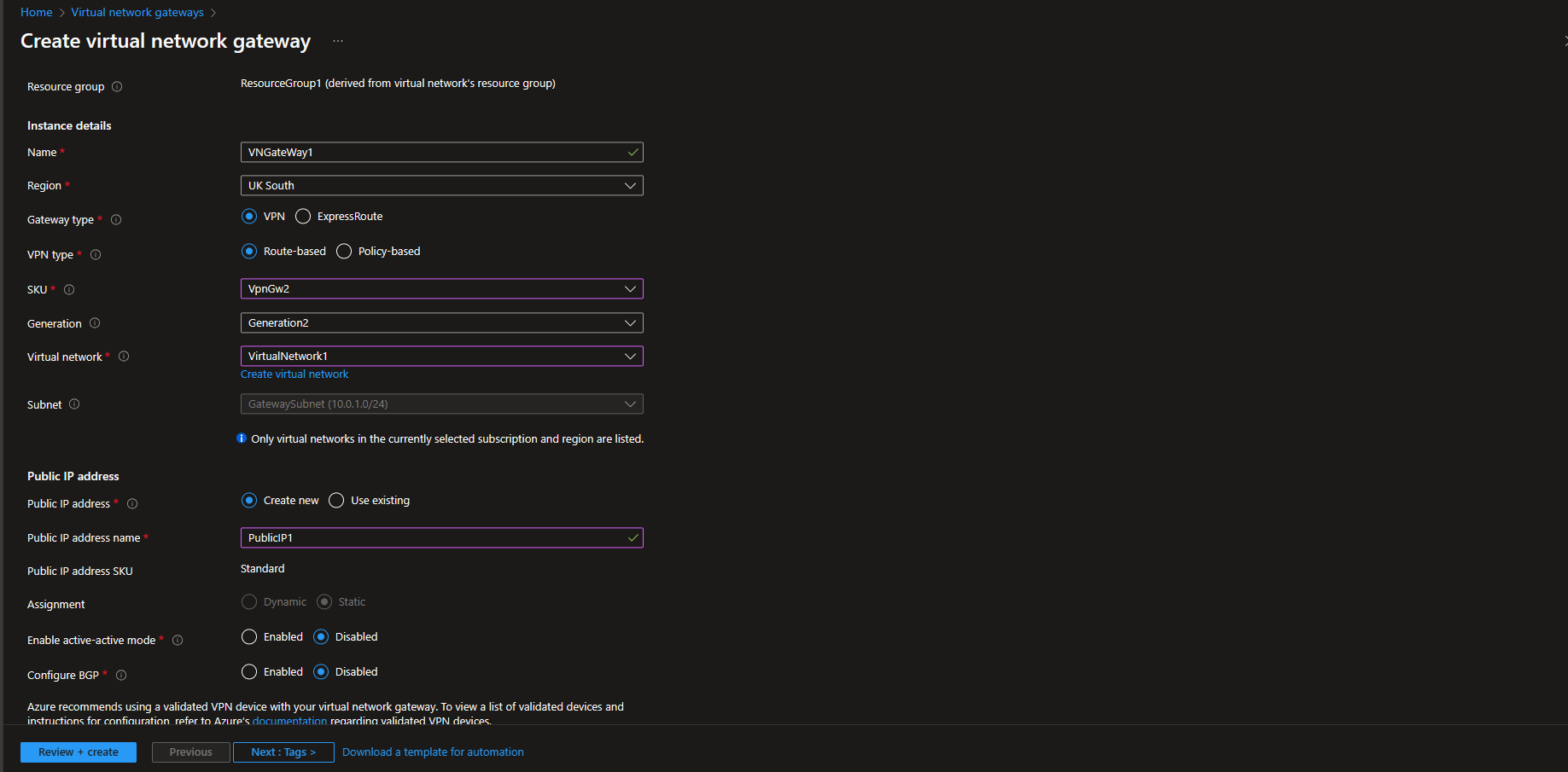 Creating Azure Virtual network gateway in Azure portal