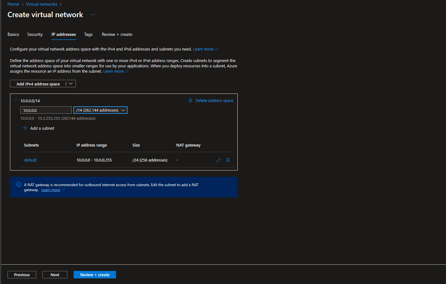 Creating virtual network and configuring IP settings in Azure portal - screenshot 2