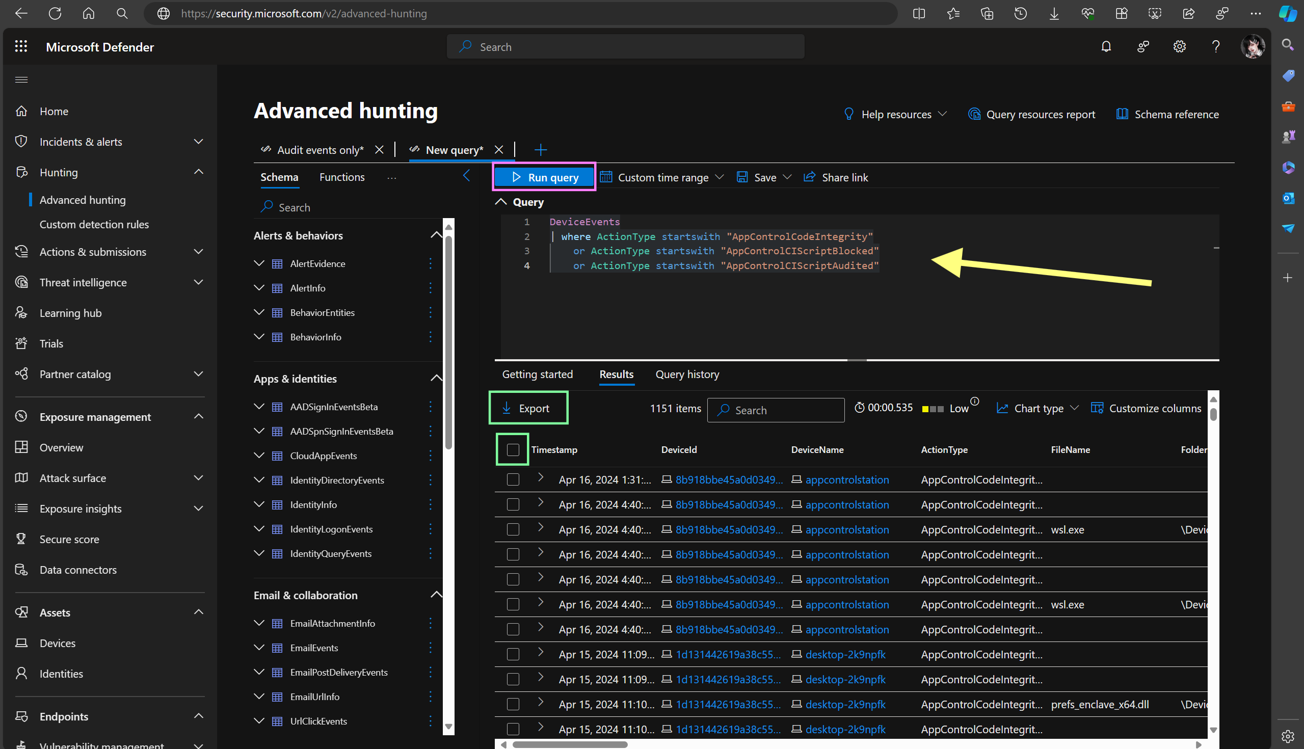 MDE Advanced Hunting query usage and export