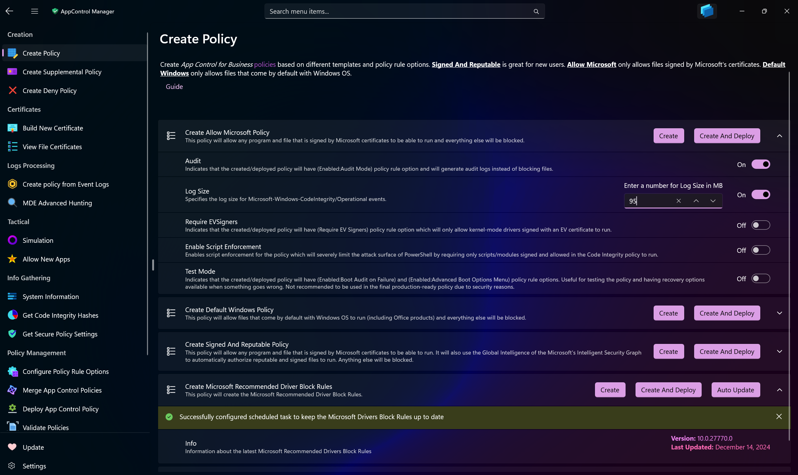 AppControl Manager Application's Create App Control Policy Page