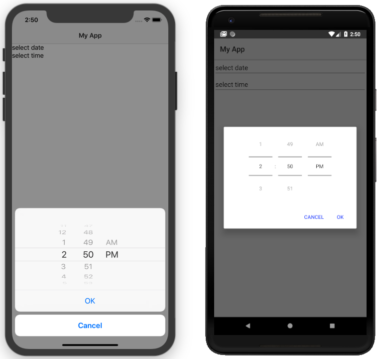 TimePickerField on iOS (left) and Android (right)