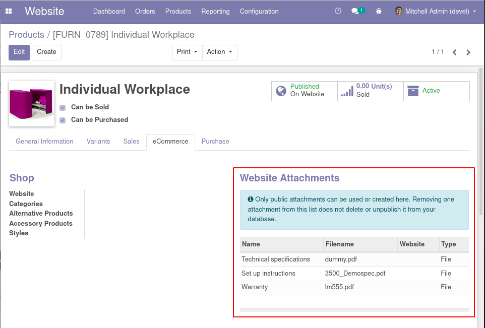 Products view in backend