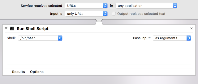 Service receives selected [URLs] in [any application]. Input is [only URLs]. In your Run Shell Script box; Shell: [/bin/bash]. Pass input: [as arguments]