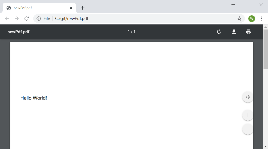 Image shows a PDF document in Google Chrome's PDF viewer. The text "Hello World!" is visible
