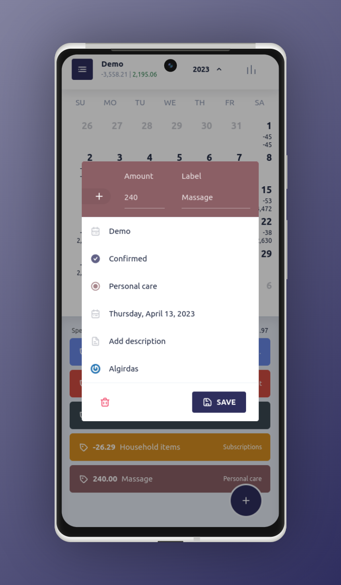 Mobile version expense dialog