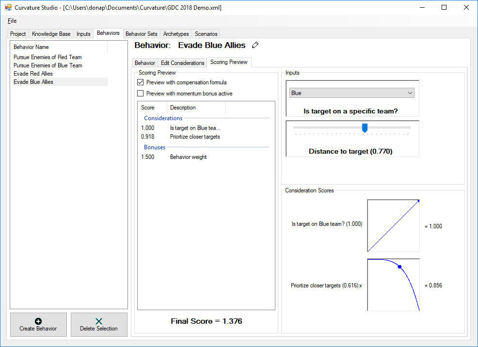 An example behavior being edited in Curvature