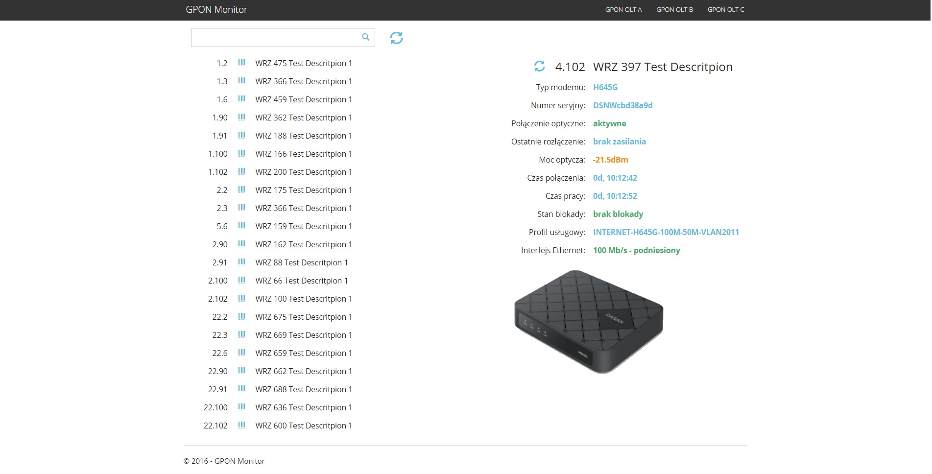 GPON Monitor home page