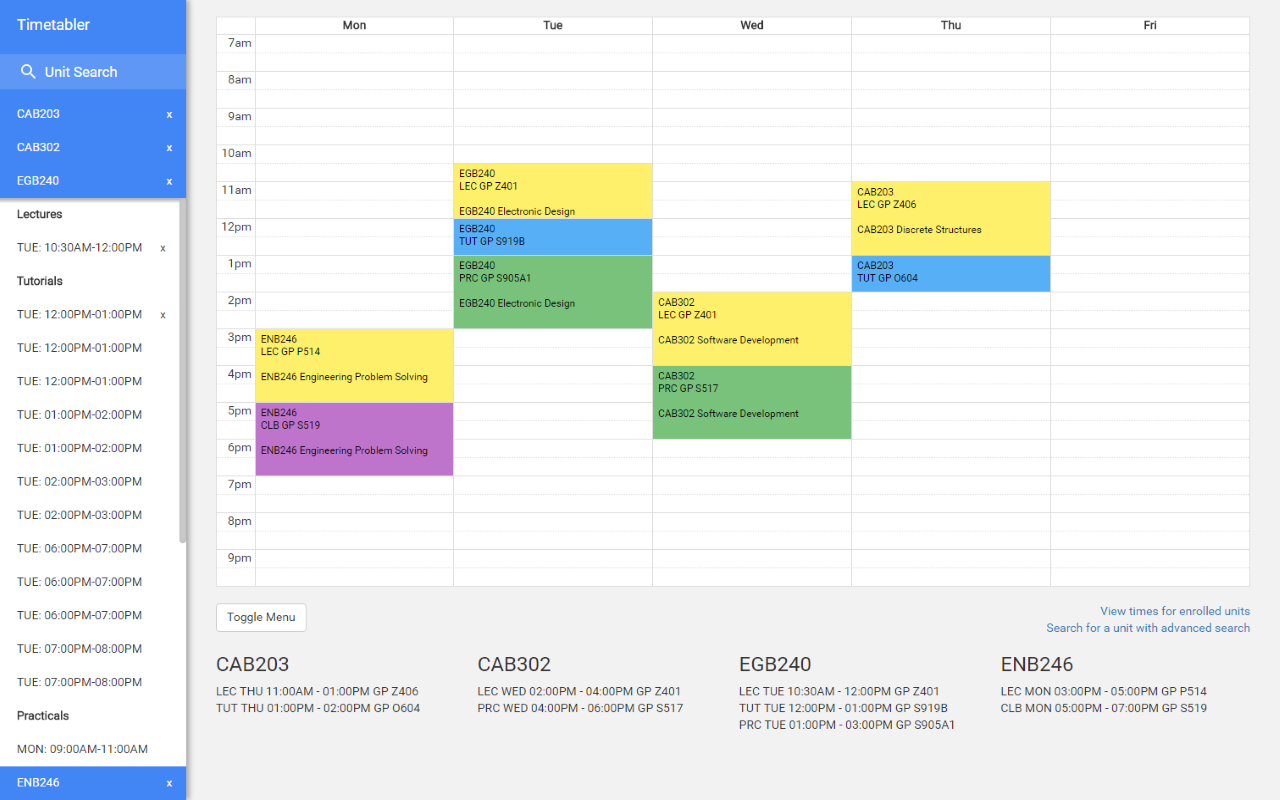 QUT Timetable Planner - Screenshot 1