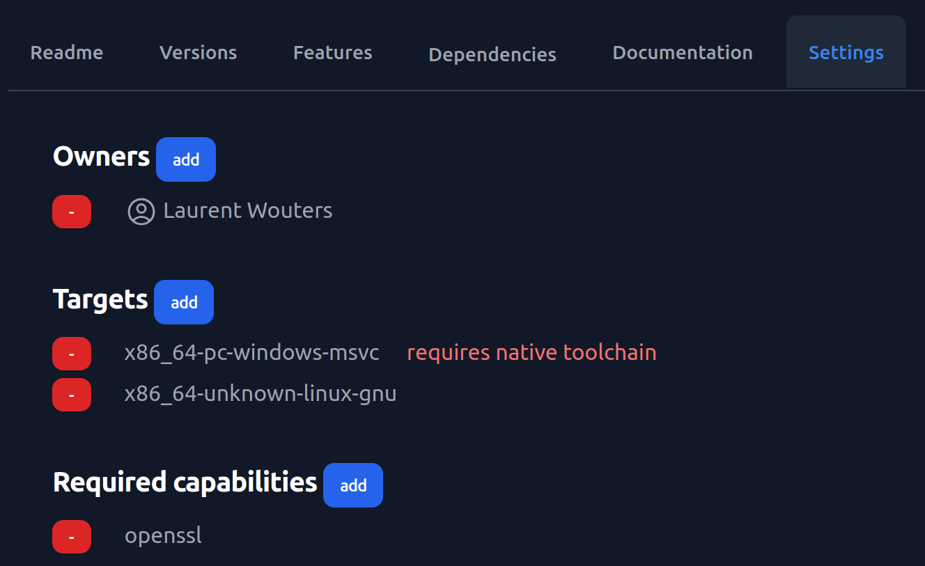 Screenshot of the settings page for a crate for documentation generation