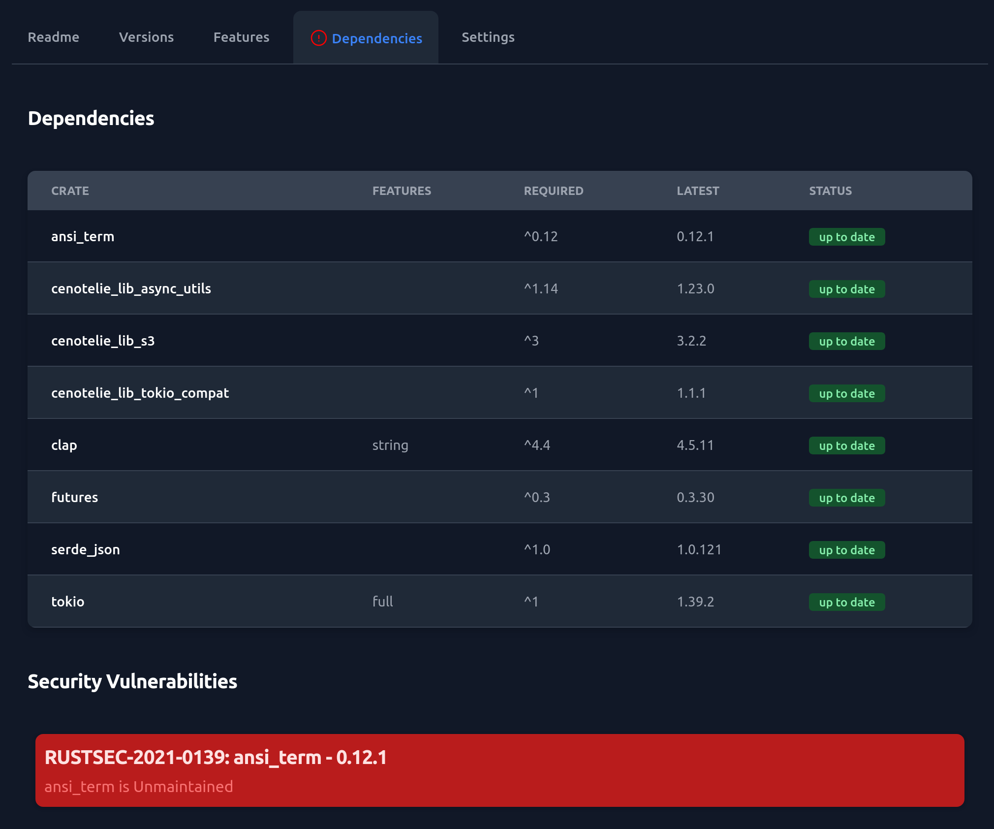 Screenshot of warning about vulnerable dependencies