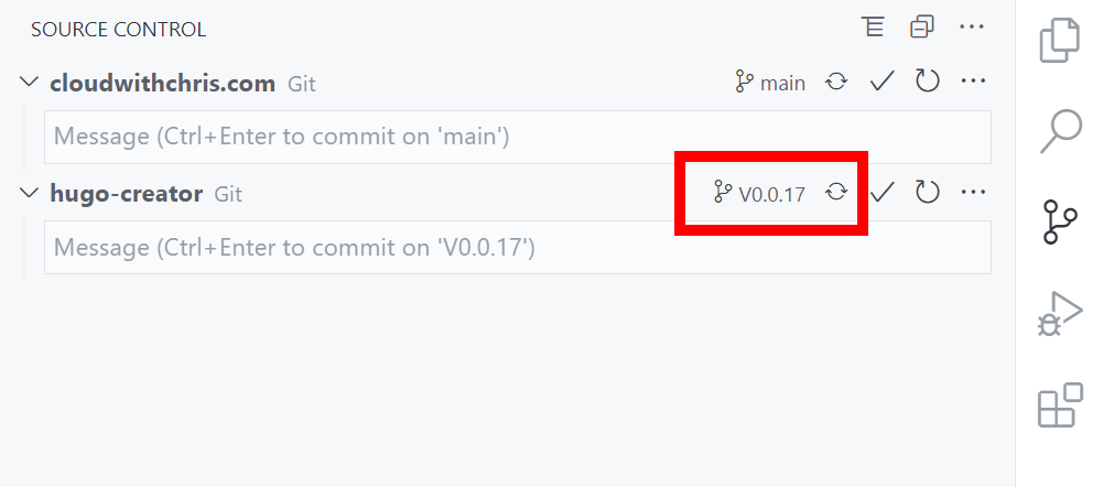 Example showing Cloud With Chris repo and Hugo Creator Git Repositories in Visual Studio Code. There is a tag version for the hugo-creator repository, which can easily be changed in the UI.