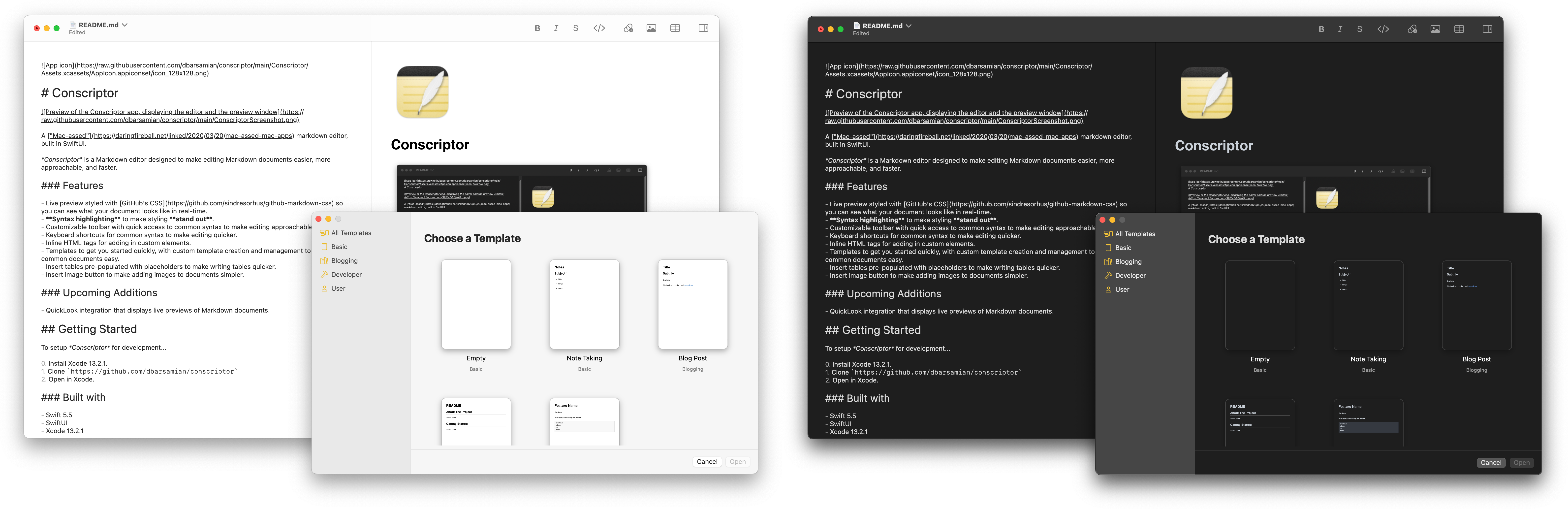 Preview of the Conscriptor app, displaying the editor and the preview window