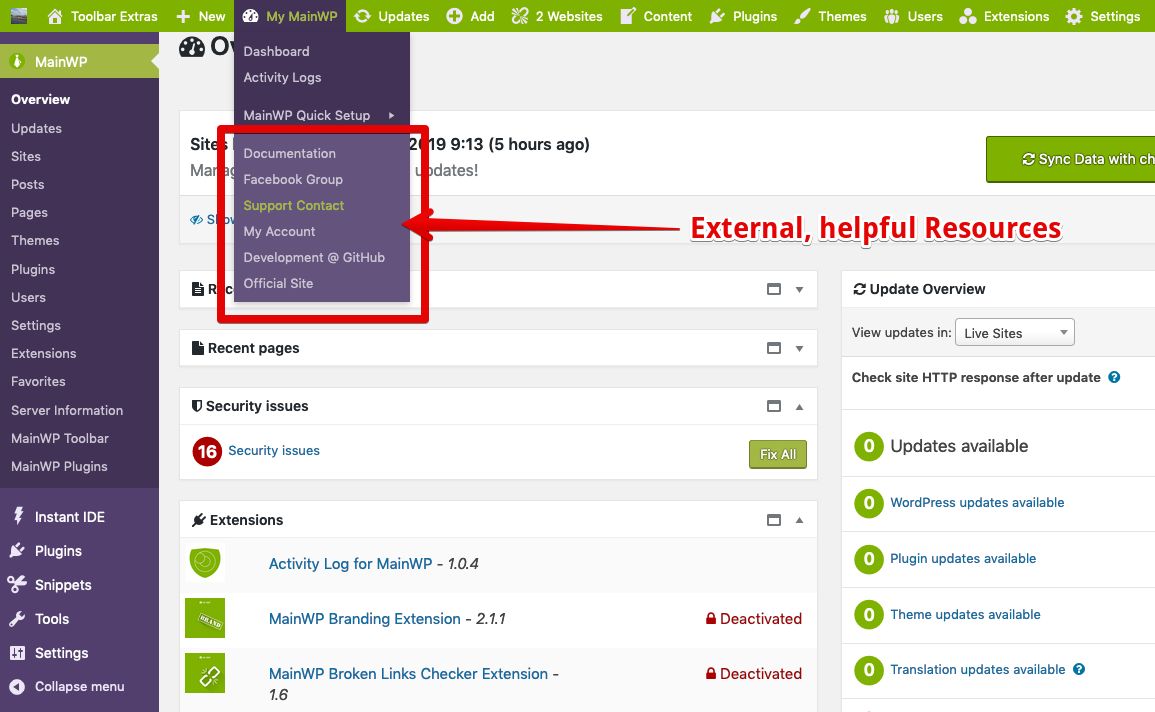 Easy access to external, helpful resources for MainWP and Extensions