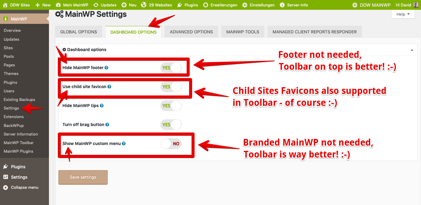 Recommended MainWP Dashboard Options for a perfect Toolbar integration & support ;-)