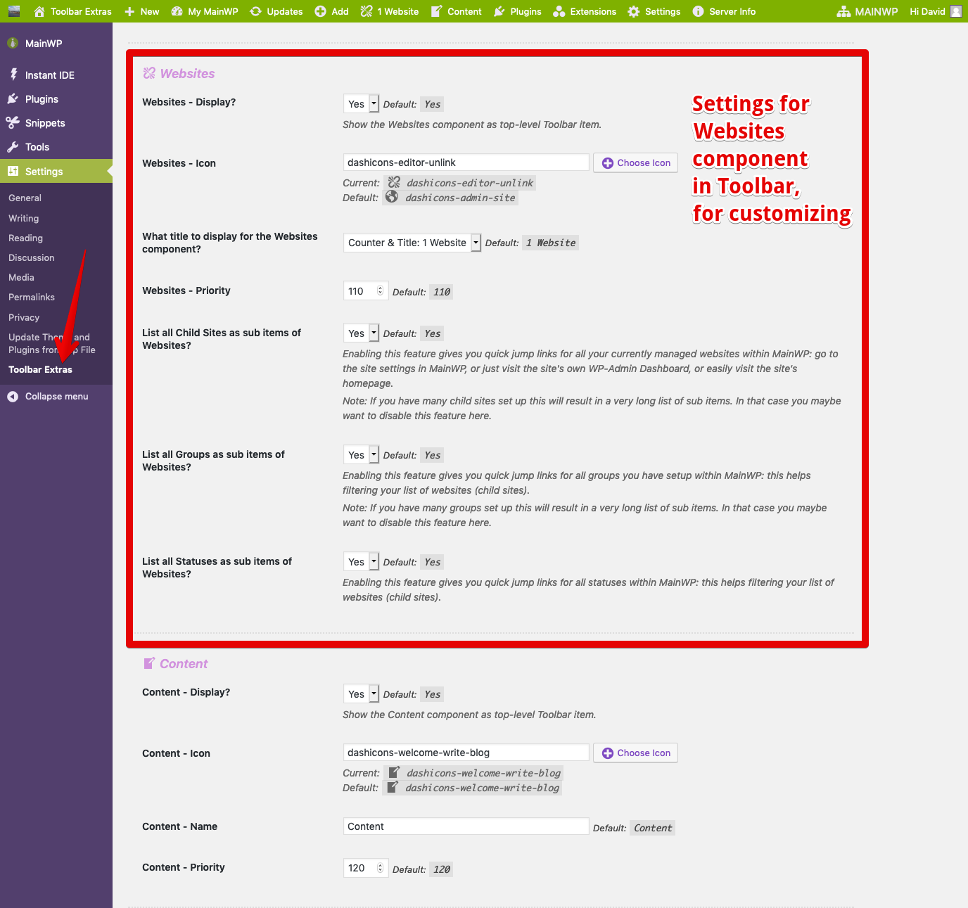 Example: Settings for the "Websites" component (Child Sites)