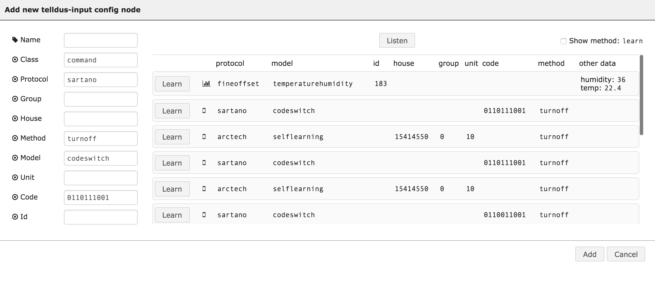 Screenshot of input configuration