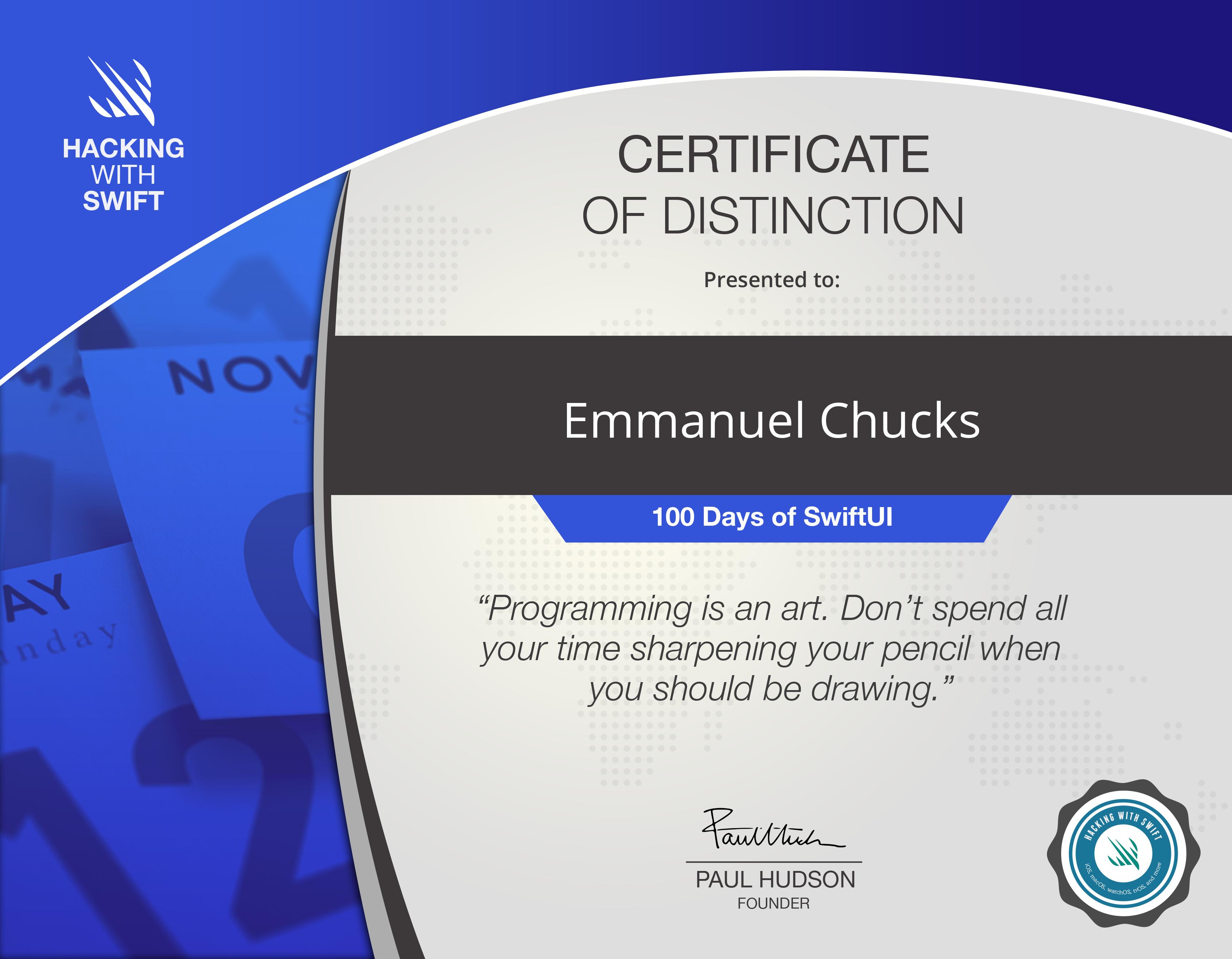 100 Days of SwiftUI certificate of distinction for Emmanuel Chucks