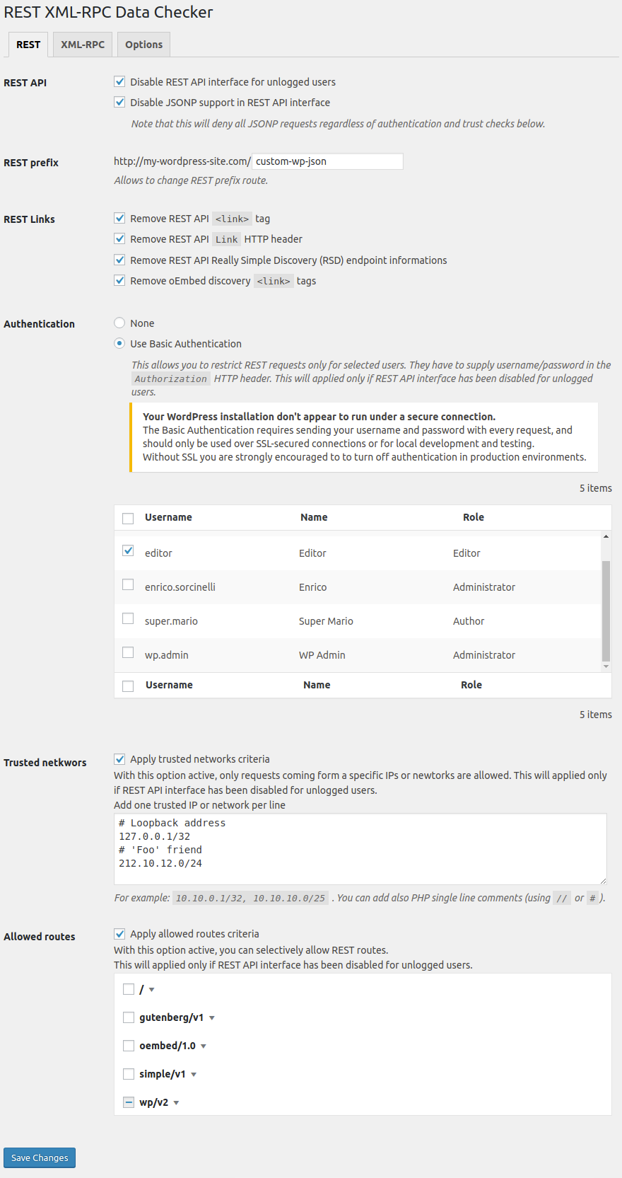 The JSON REST settings section.