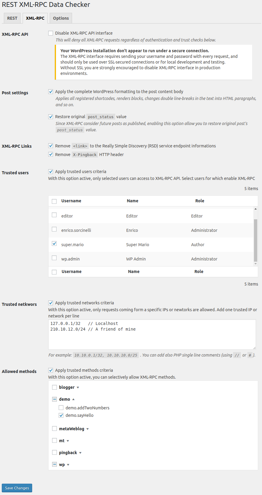 The XML-RPC settings section.