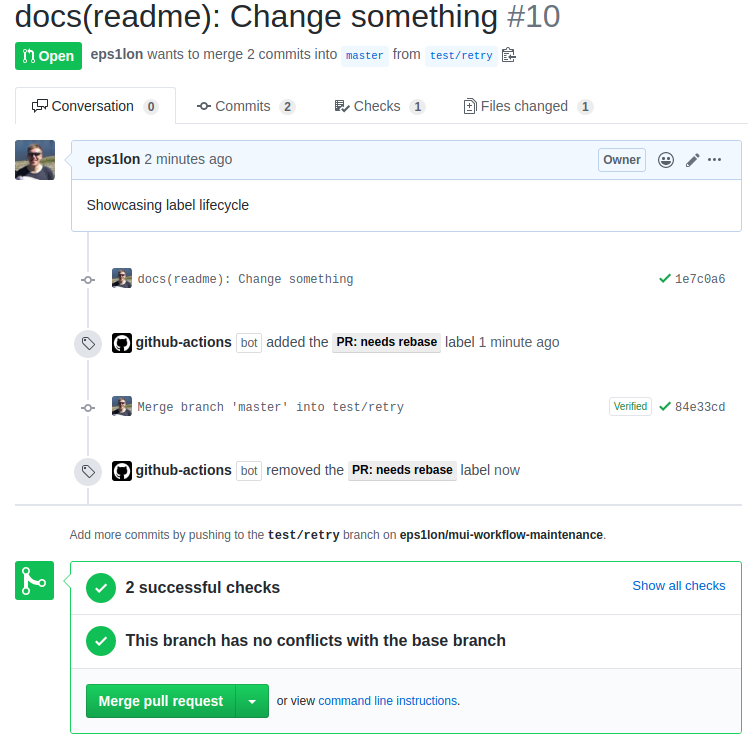 label lifecycle: open (no label), push to main -> merge conflict -> label: PR needs rebase -> resolve conflicts on PR -> remove label: PR needs rebase