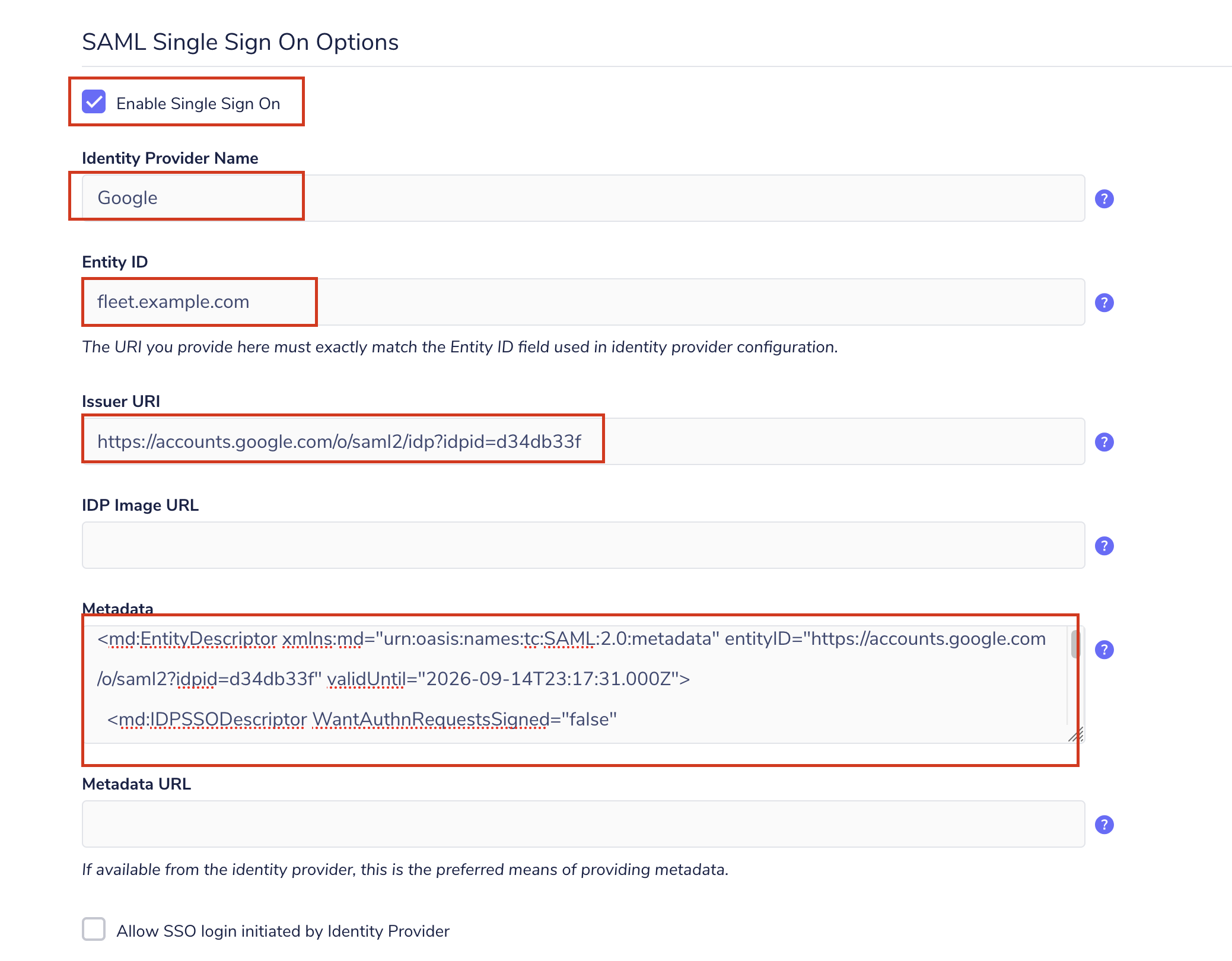 Fleet's SAML single sign on options page