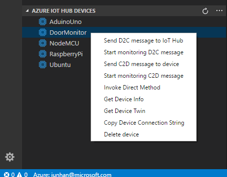 Code snippets for Azure IoT Hub screenshot