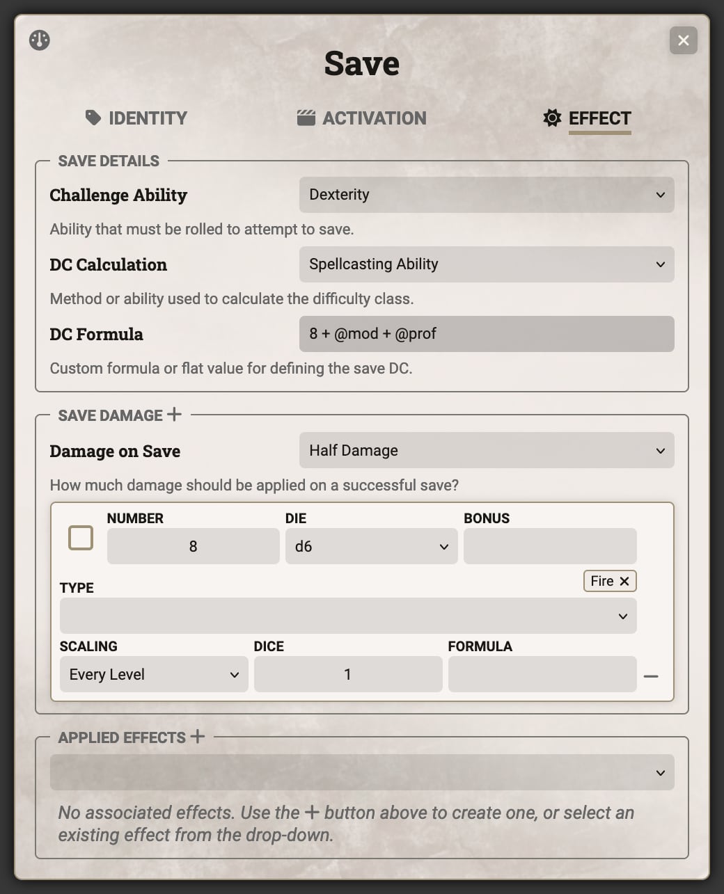 Save Sheet - Effect Tab