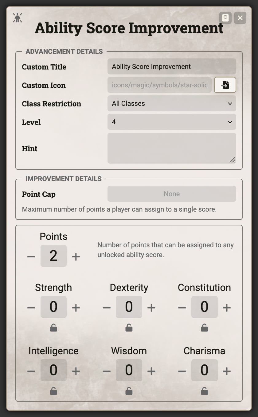 Ability Score Improvement - Config Class