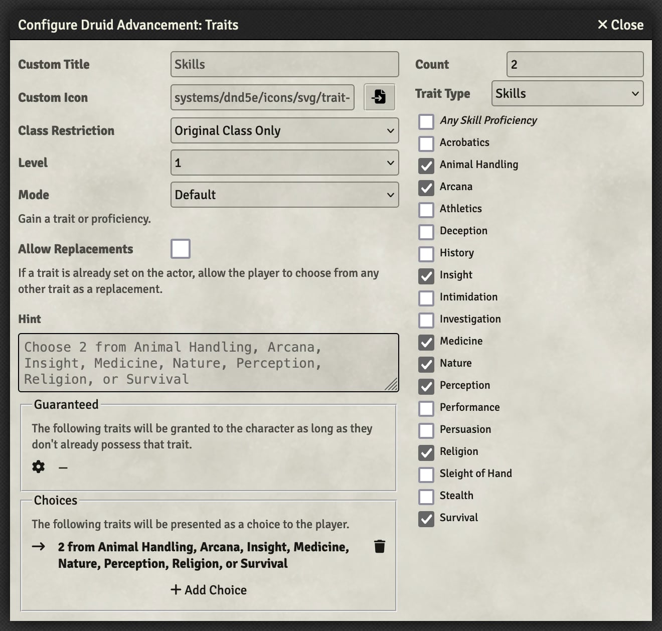 Trait Configuration - Choices