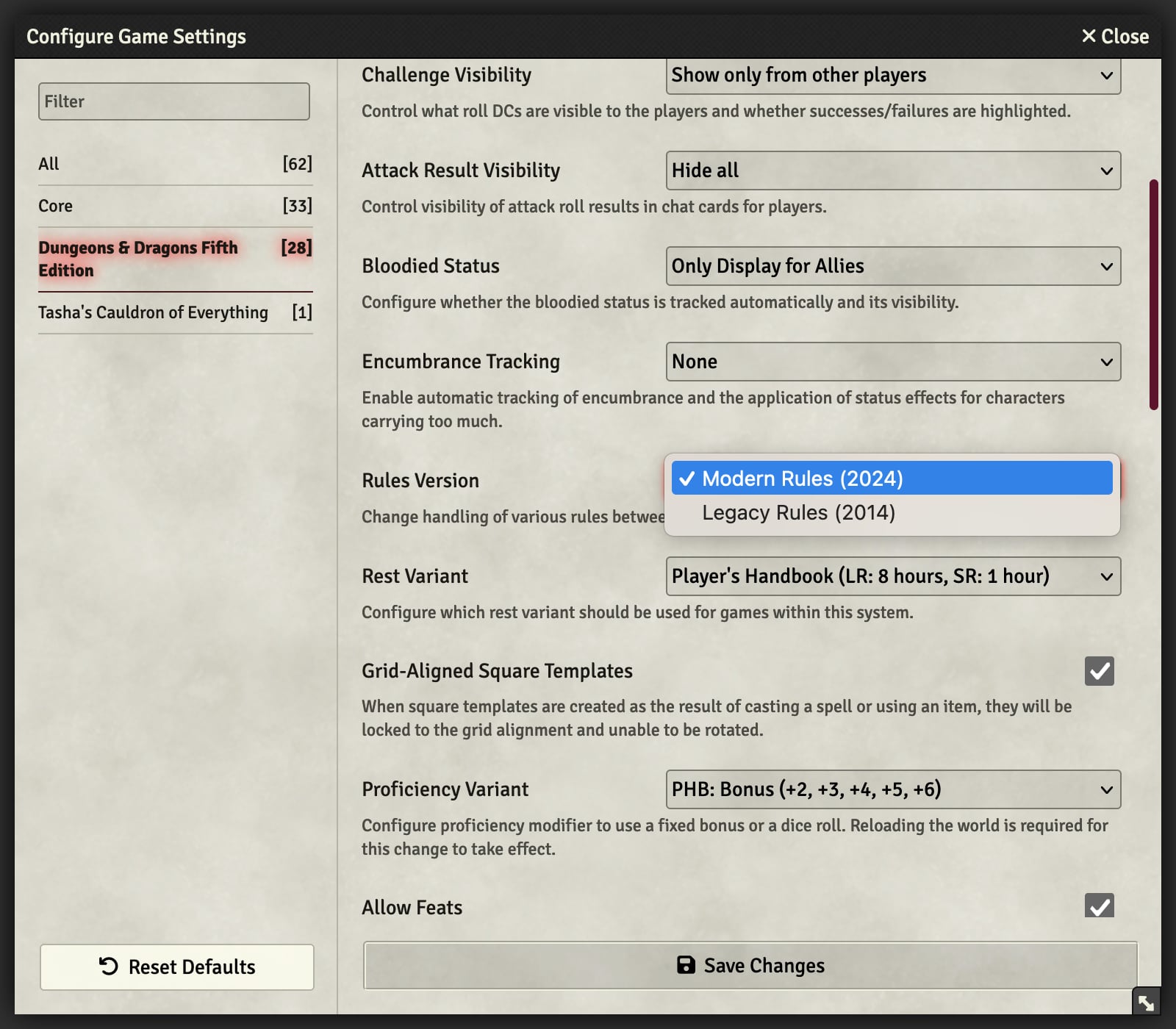 Rules Version Setting