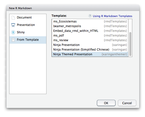 The 'New R Markdown Document' menu in RStudio