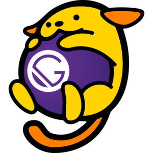 Wapuu hugging a ball with the Gatsby logo on it