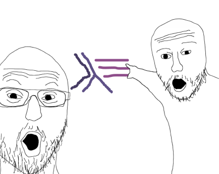 Two Wojaks pointing at a crudely-rendered Haskell logo