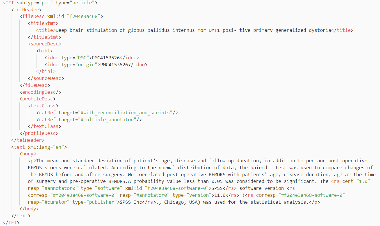 snapshot of an annotated article entry with encoded software annotations in the Softcite dataset