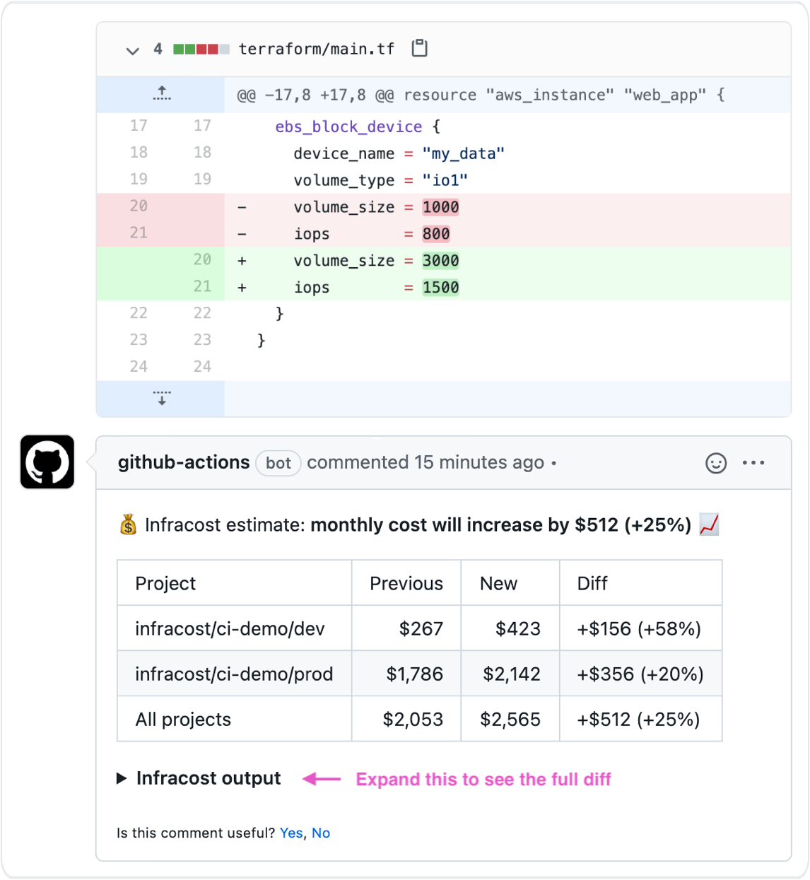 Example infracost diff usage