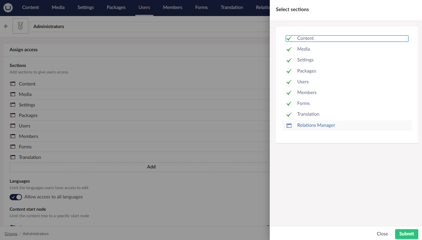 A screenshot of the BackOffice user groups