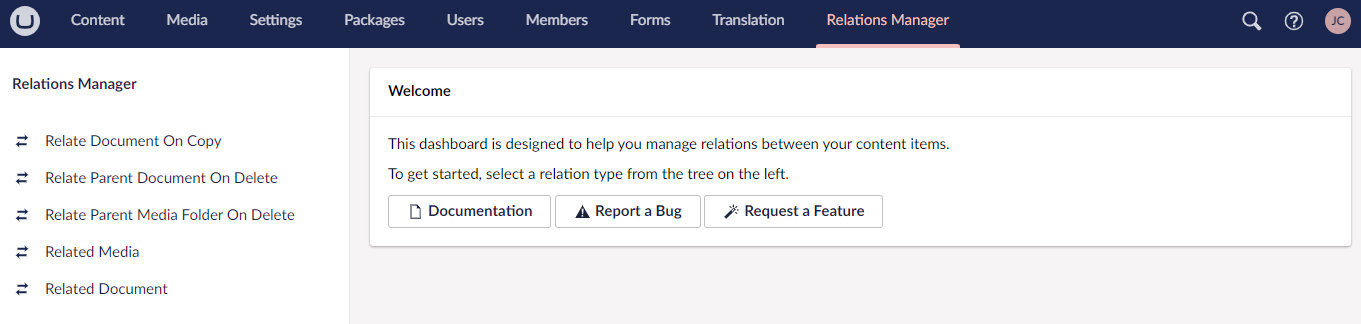 A screenshot of the Relations Manager section