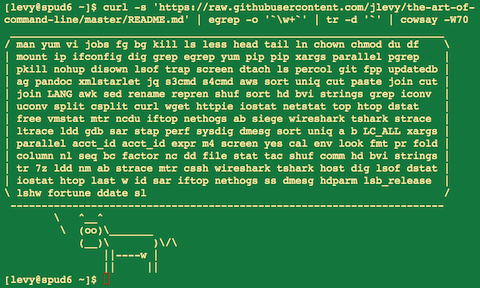 curl -s 'https://raw.githubusercontent.com/jlevy/the-art-of-command-line/master/README.md' | egrep -o '\w+' | tr -d '`' | cowsay -W50