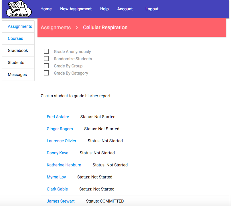 Specific Assignment Page - Shows list of students and the status of their assignment