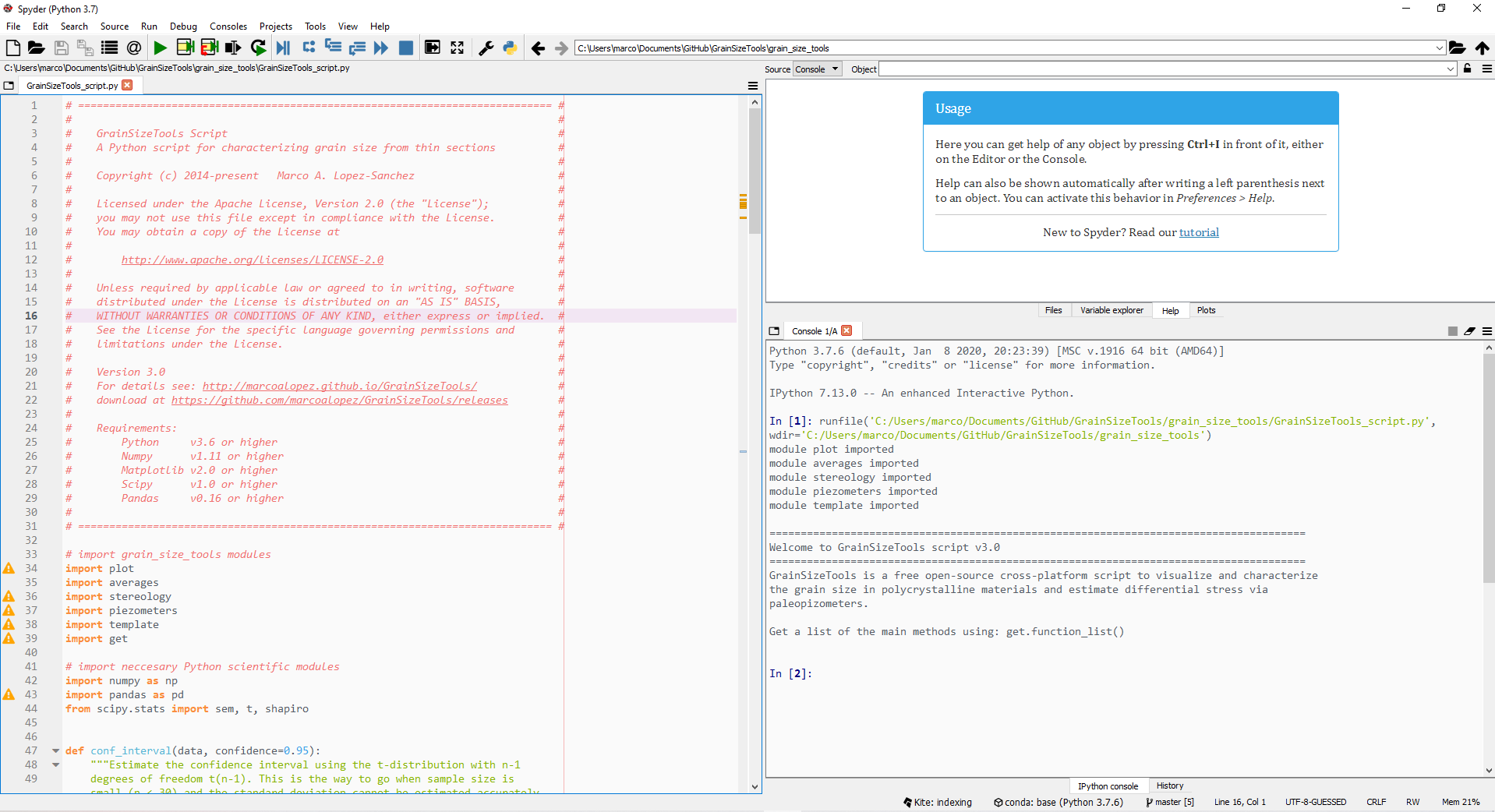 Figure 1. The Python editor and the shell in the Enthought Canopy environment