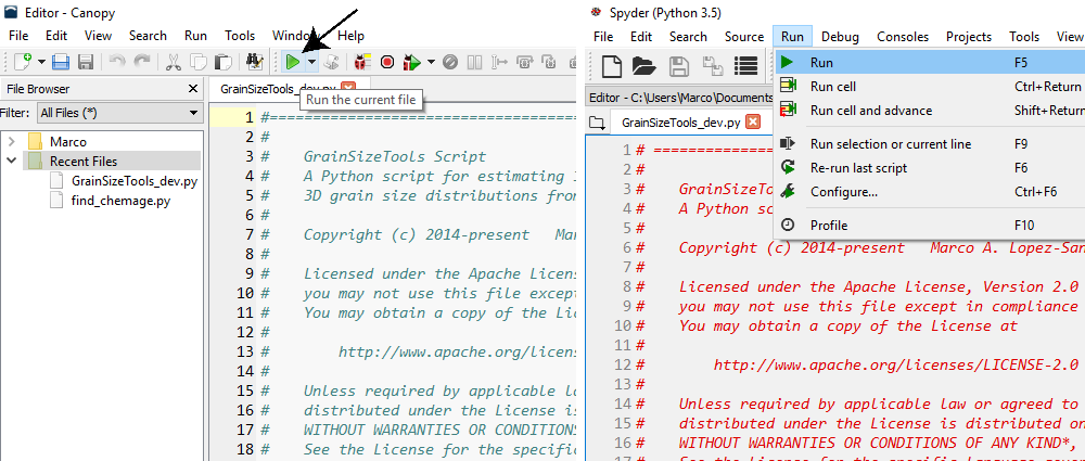 Figure 2. Running a script in the Canopy editor (left) and in the IDLE editor (right)