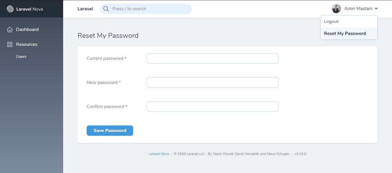 Laravel Nova Password Reset